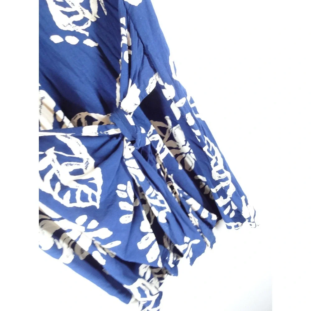 VTG Pineapple Moon Hawaiian Dress Women Medium Blue Floral Tropical Sarong 90s
